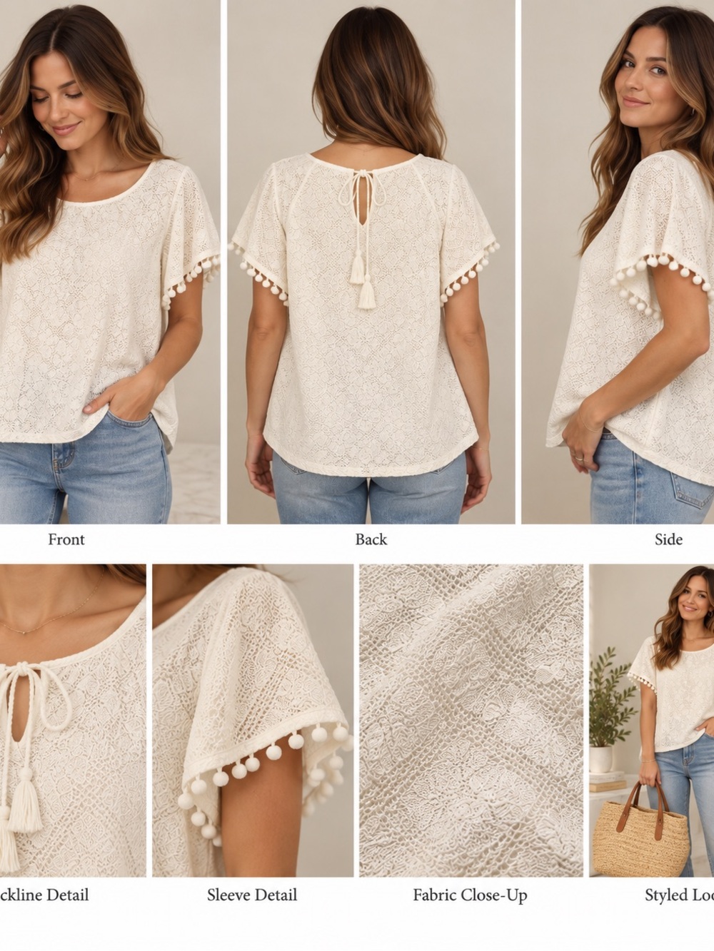 Eri + Ali Ivory Lace Pom Pom Sleeve Boho Top Medium